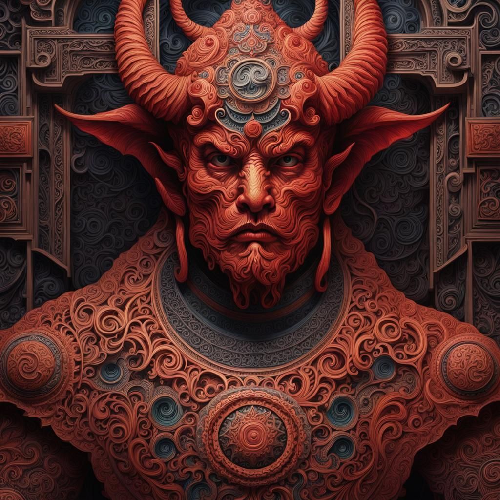 Intricate Carved Demon Sculpture in Matte Painting Style