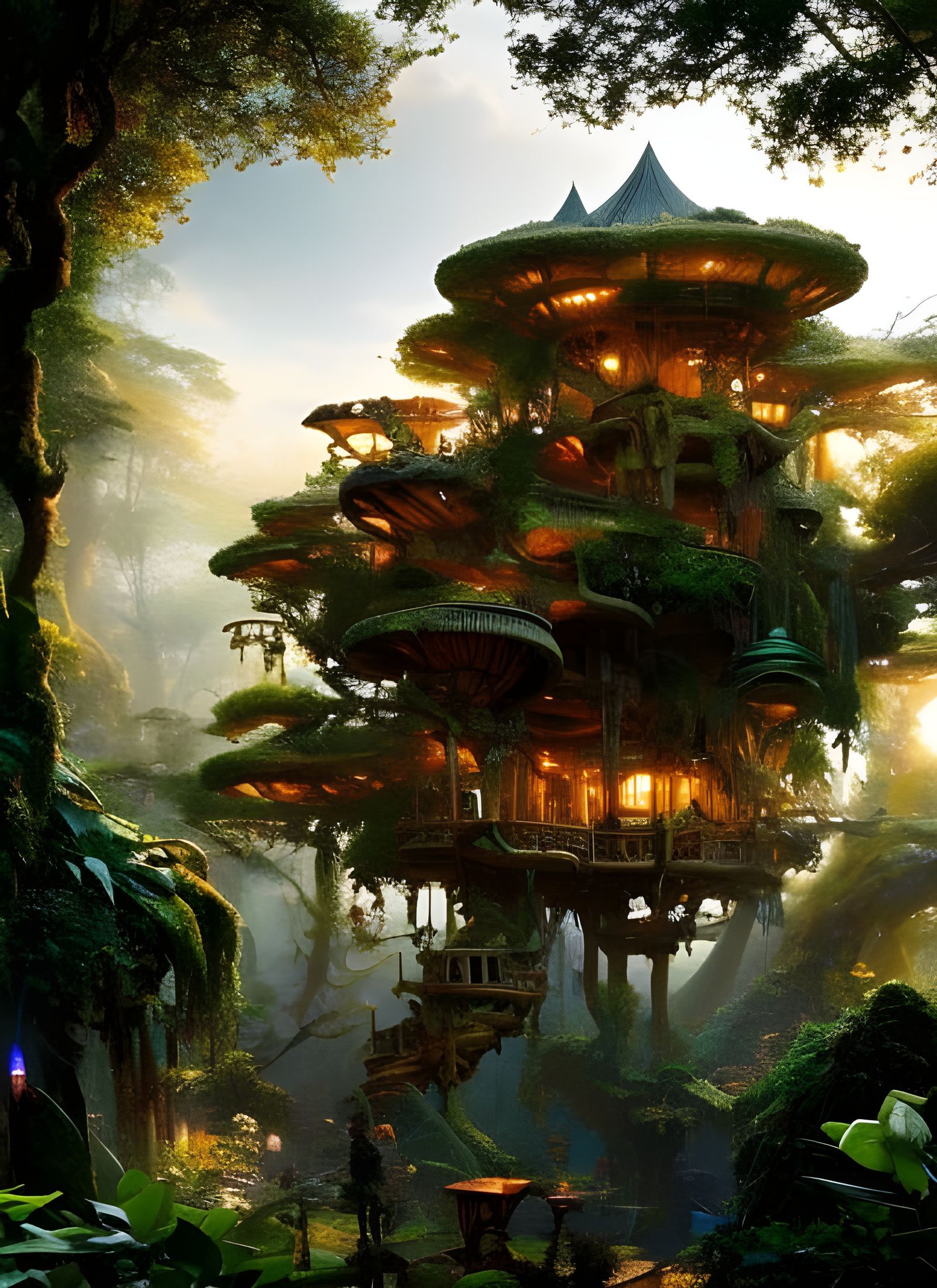 Ornate Elven Treehouse in a Lush Jungle
