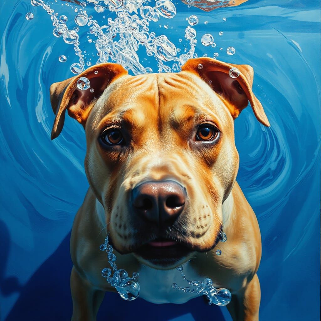 Pitbull Dog Underwater in Vibrant Oil Painting