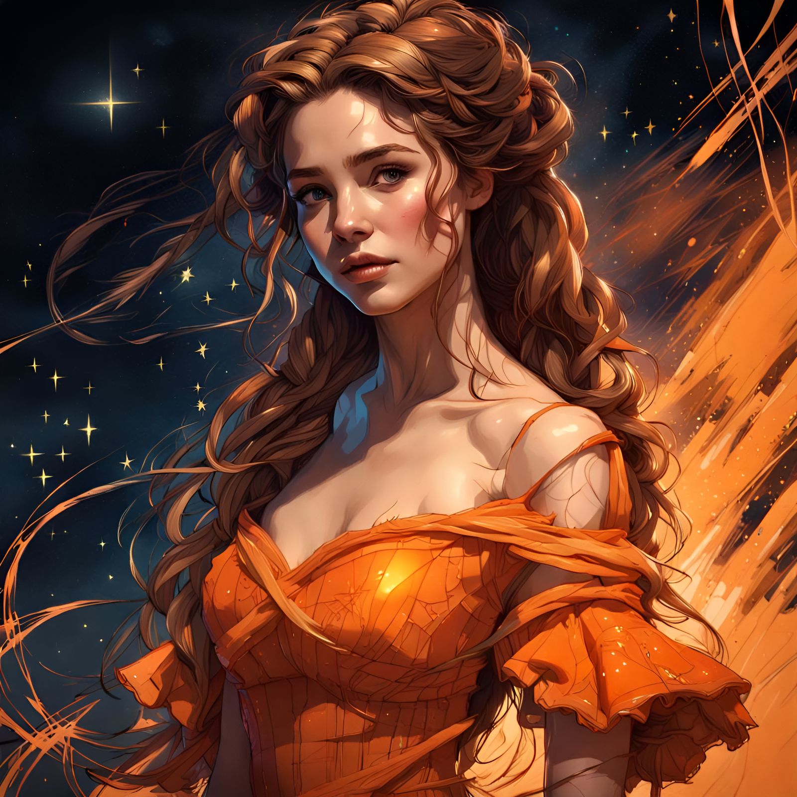 Princess Belle Portrait in Orange Dress, Digital Art