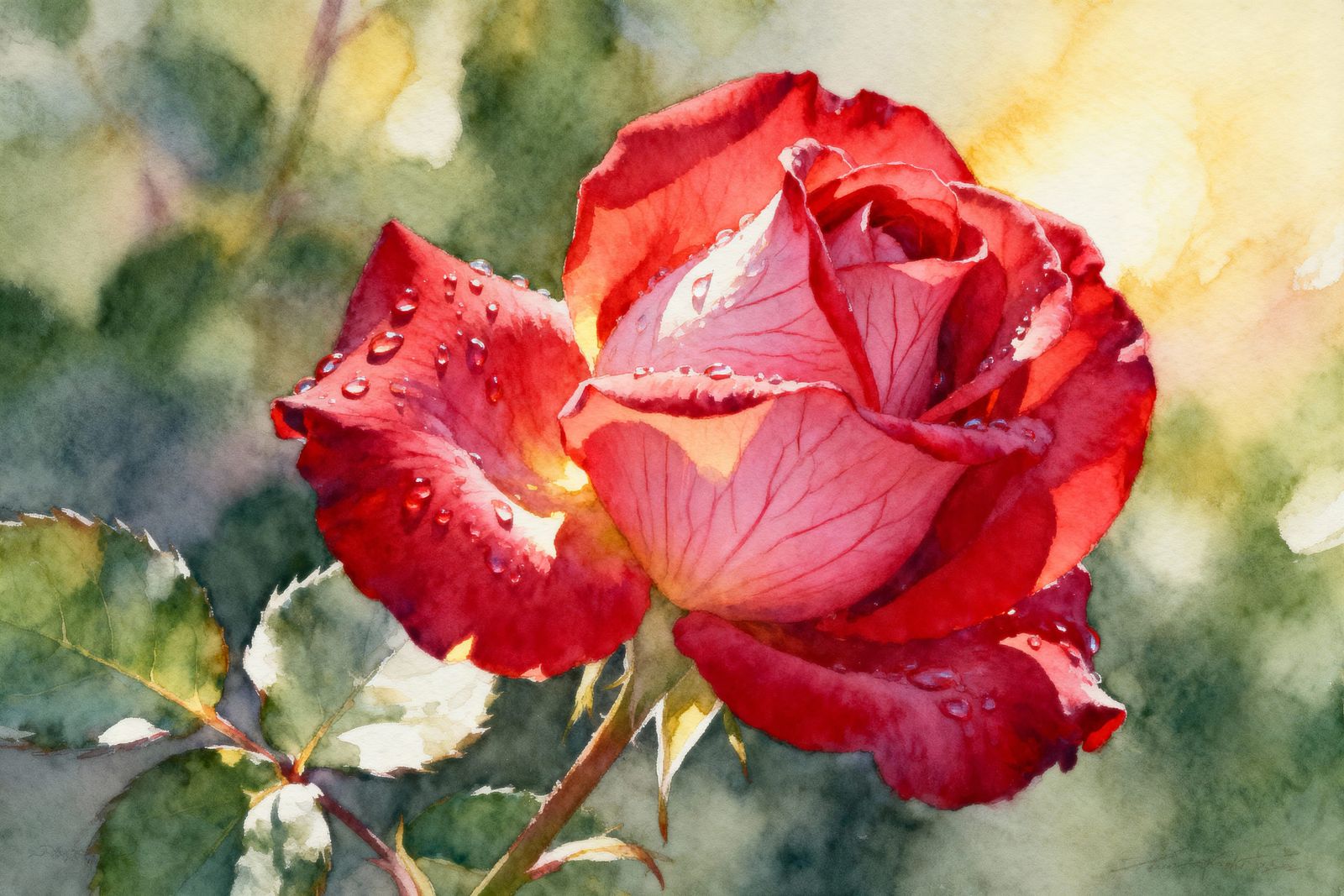 Dew-Kissed Rose in Full Bloom, Watercolor Style