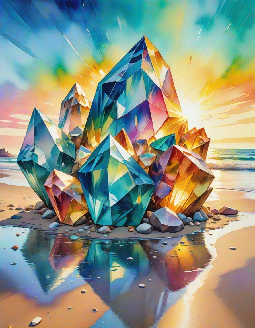Crystal Shards on Beach in Watercolor Style