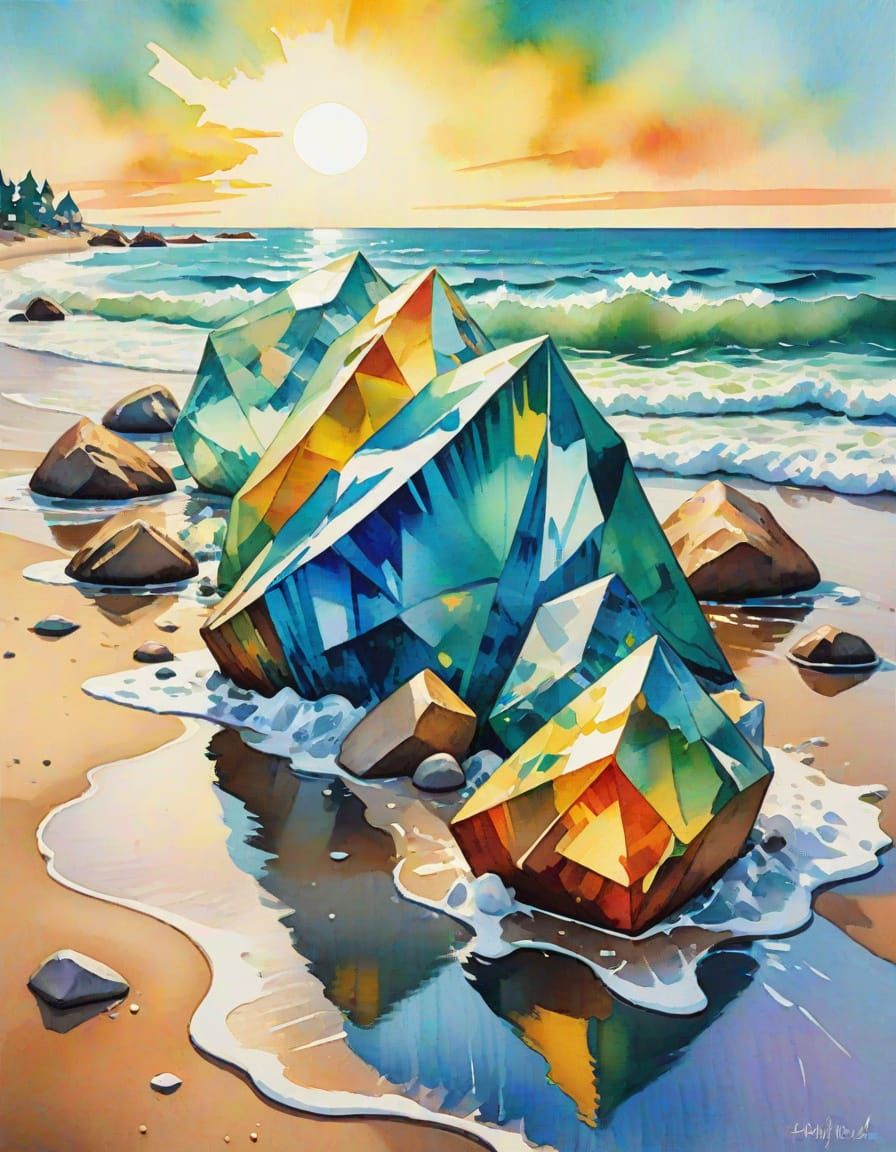 Crystal Shards Float Above Beach in Watercolor Style
