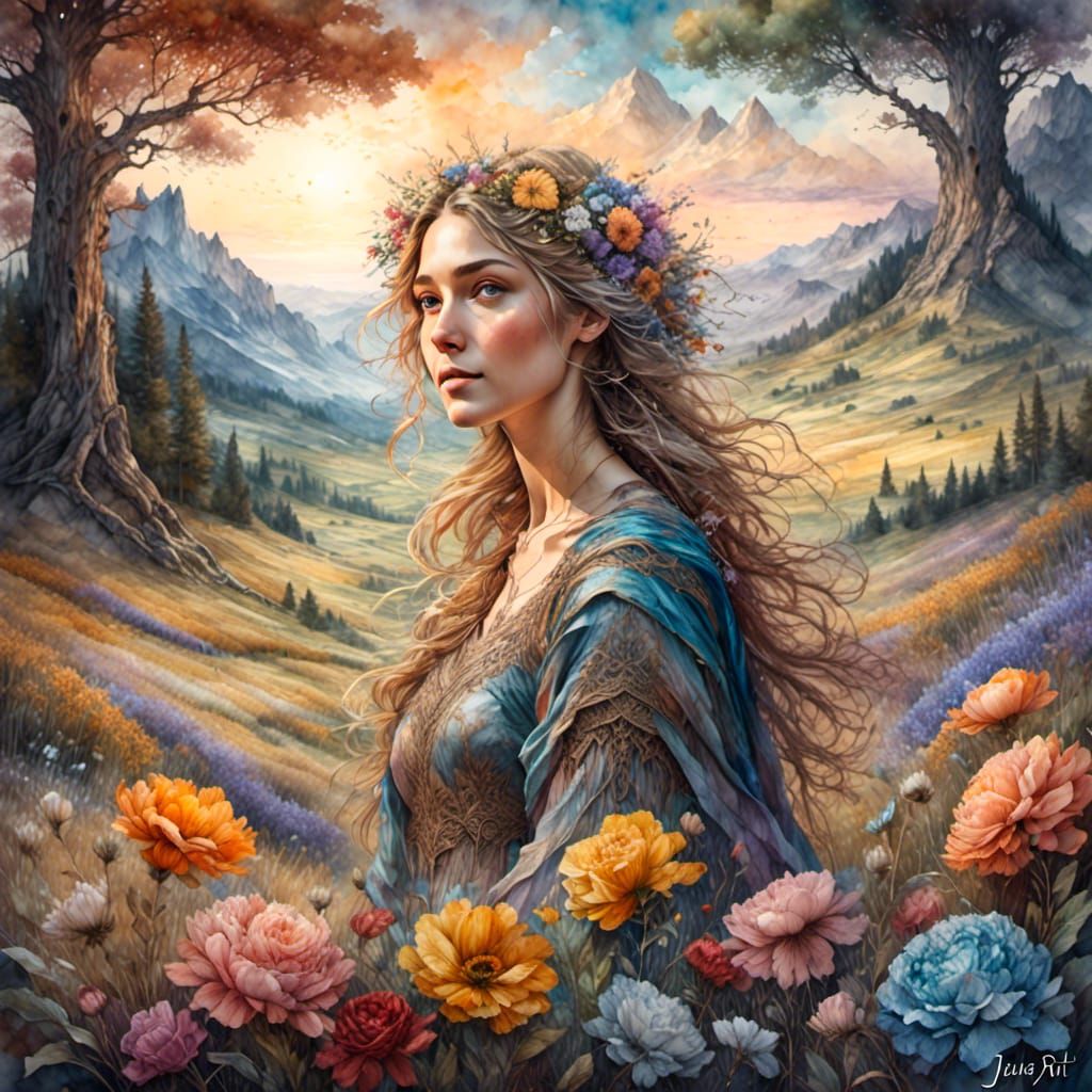 A field of Colorful flowers, by an old tree