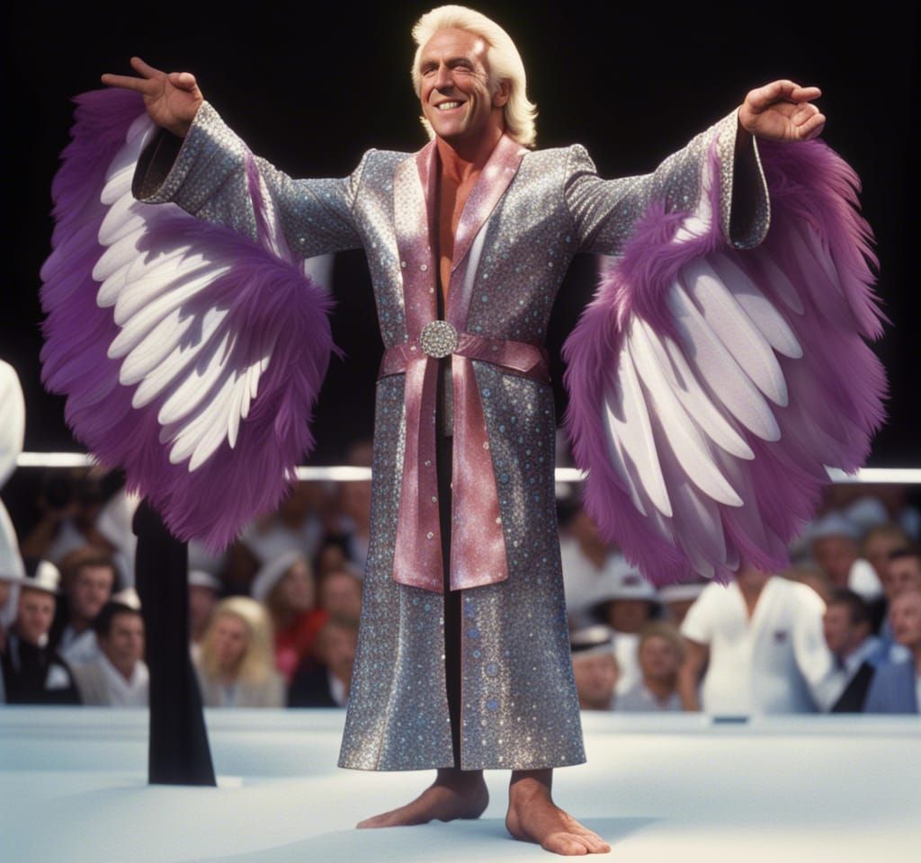 Glamorous 1980s Wrestler Absorbs Adoration in Feathered Robe