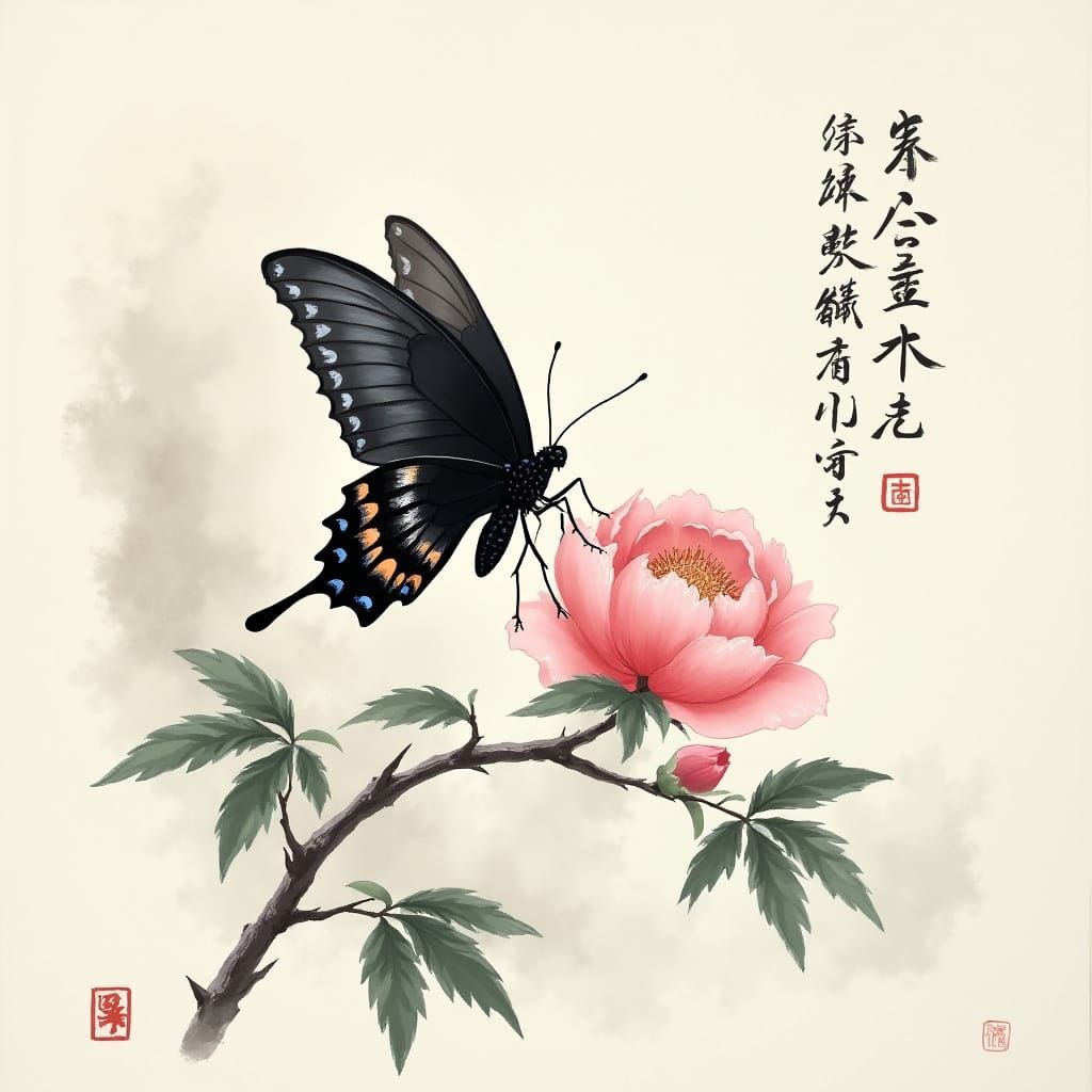 Chinese Watercolor of a Black Butterfly on a Peony Branch