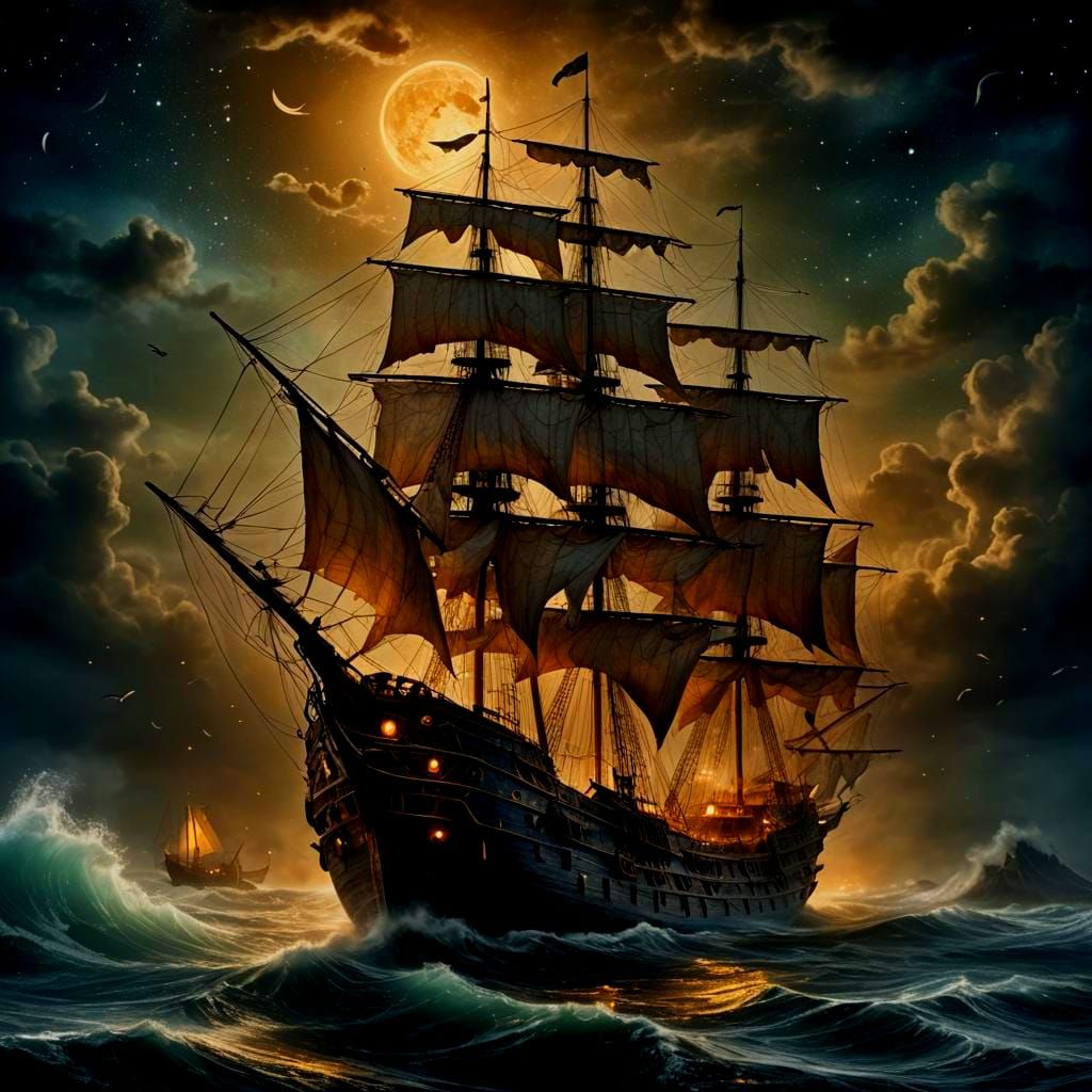 Ethereal Ghost Ship Sails a Mystical Ocean