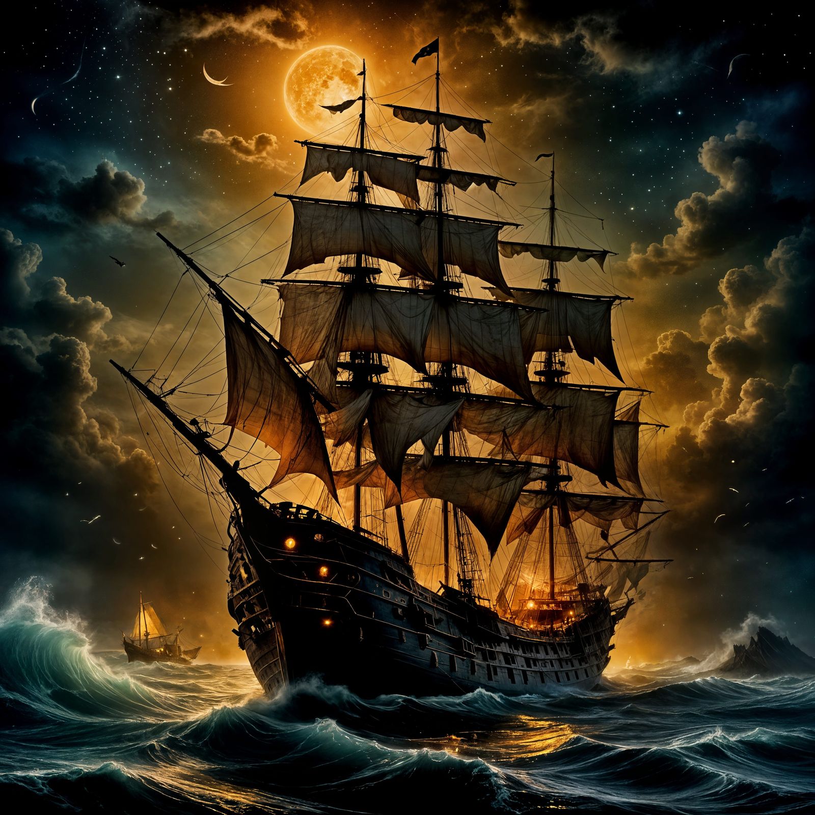 Ethereal Ghost Ship Sails Misty Ocean