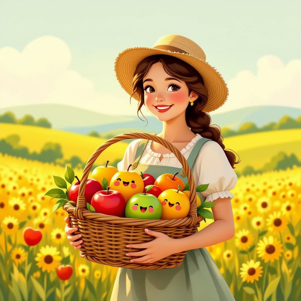 Joyful Country Woman Holds Smiling Fruit Basket in Meadow