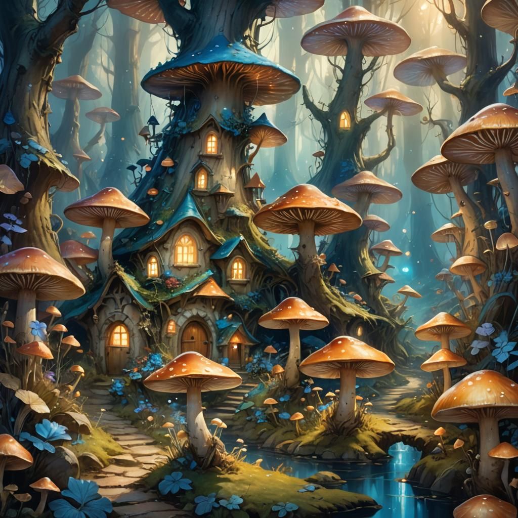 Luminous Mushroom Village: Fantasy Concept Art