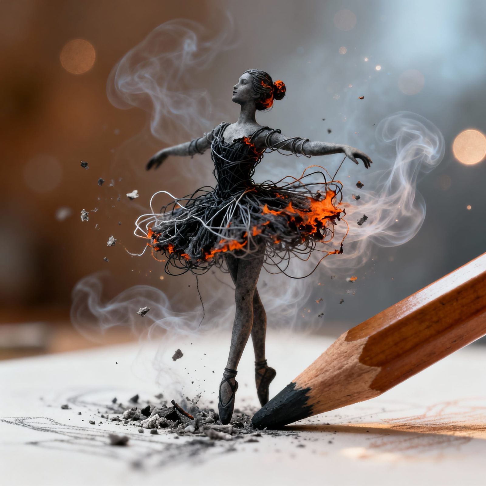 Ballerina Crafted from Threads and Smoke Emerging from Penci...