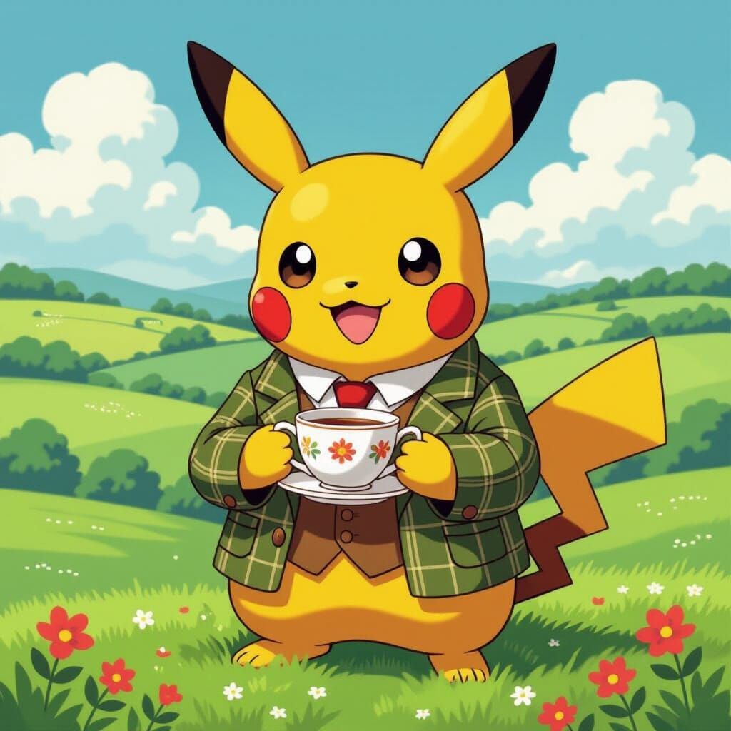 English Pokémon Sipping Tea in Miyazaki Style