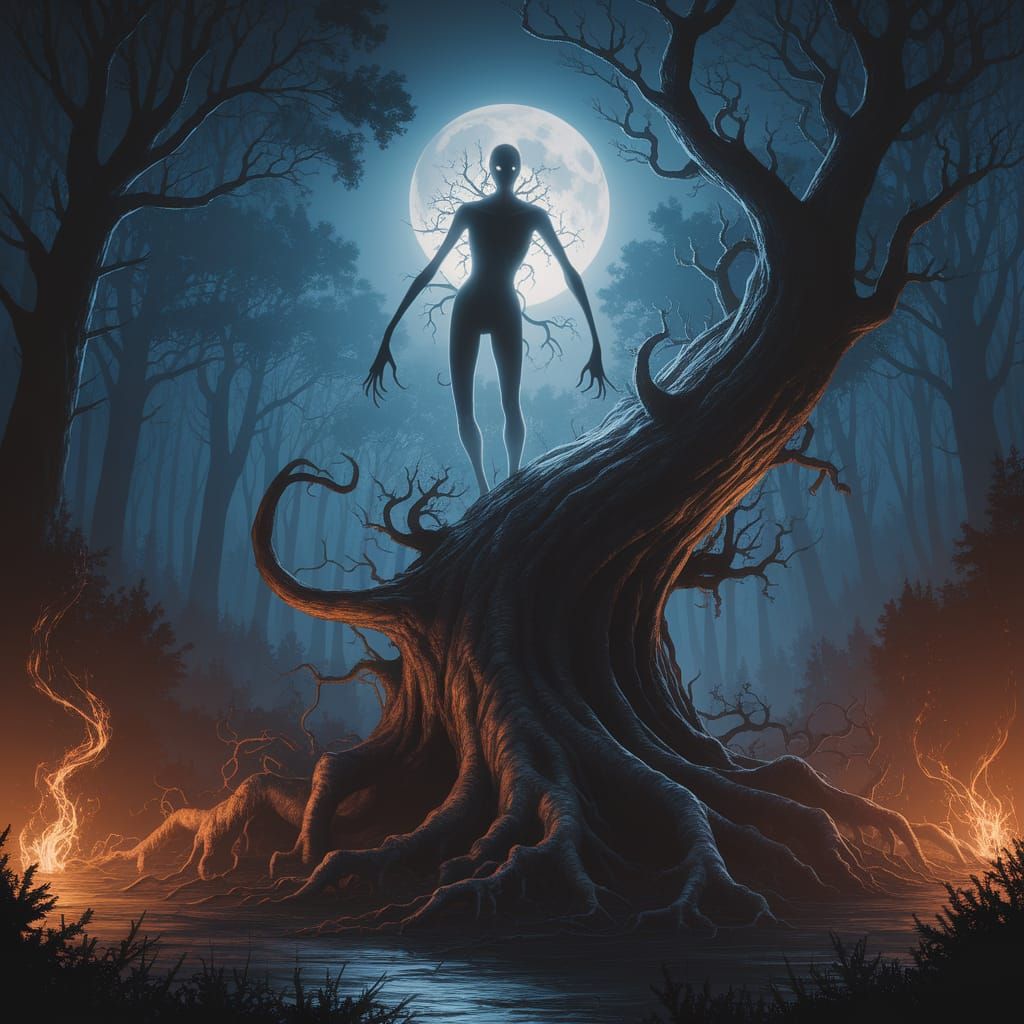 Ethereal Spectral Figure in Darkly Lit Forest