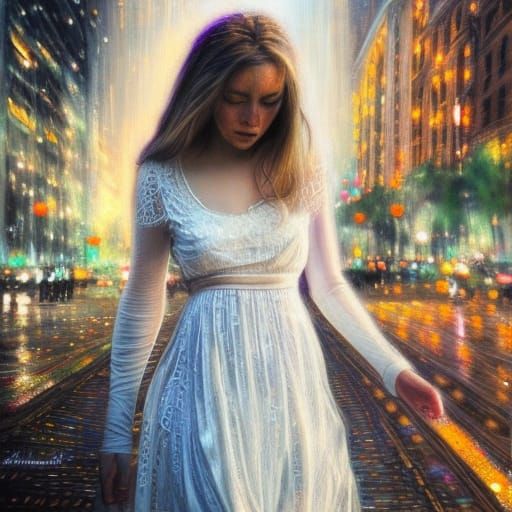 Woman in Lace Dress in Chicago: Photorealistic