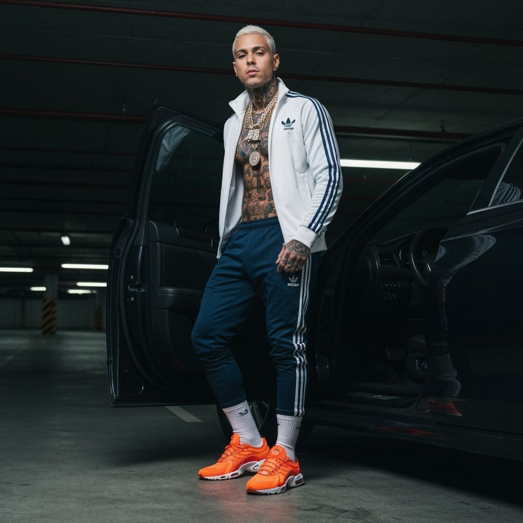 Neon Lit Man in Parking Garage with Tattoos