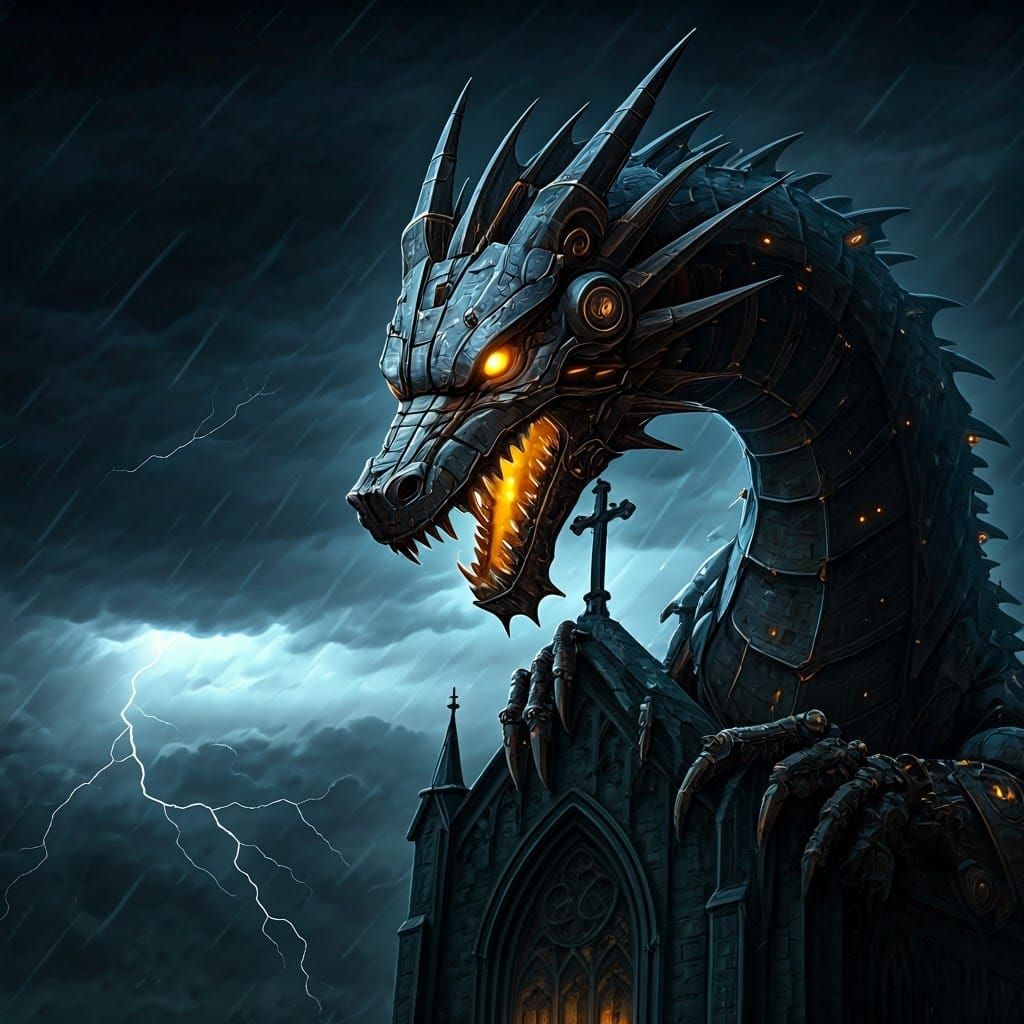 Mechanical Dragon Guarding Gothic Church in Cyberpunk Style