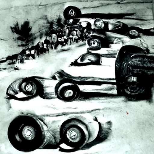 First Car Race Documented: Hyperdetailed Charcoal Drawing