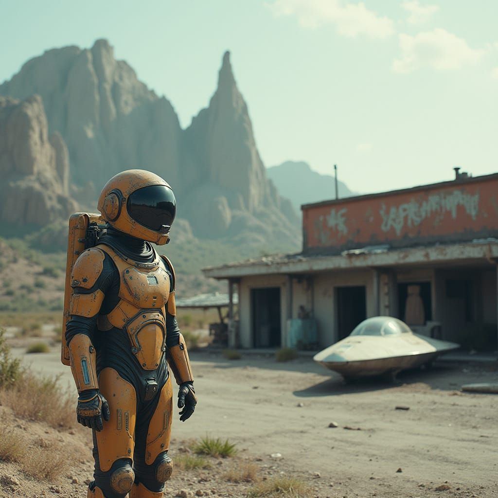 War-Torn Cityscape with Futuristic Space Suit