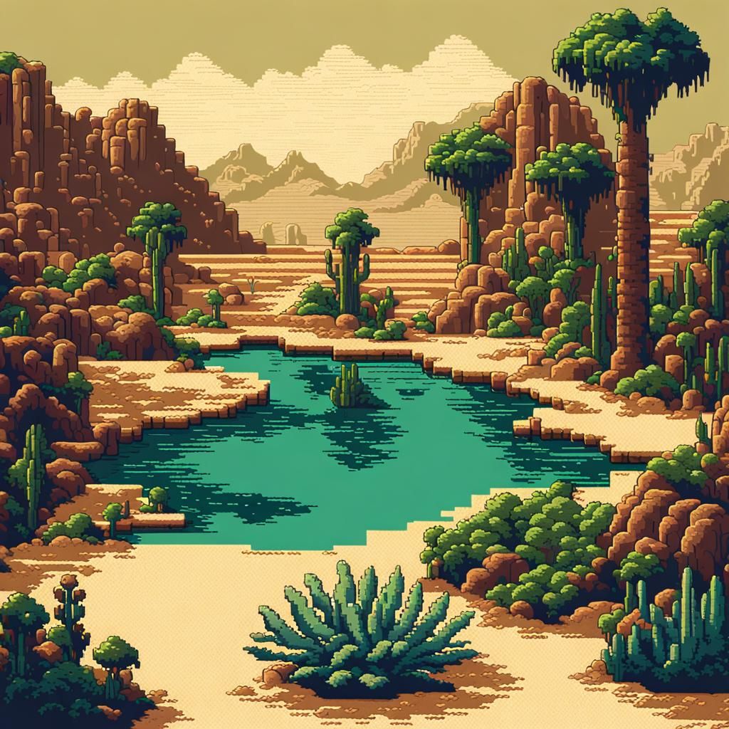 Desert Oasis with Pond in 8-bit Pixel Art