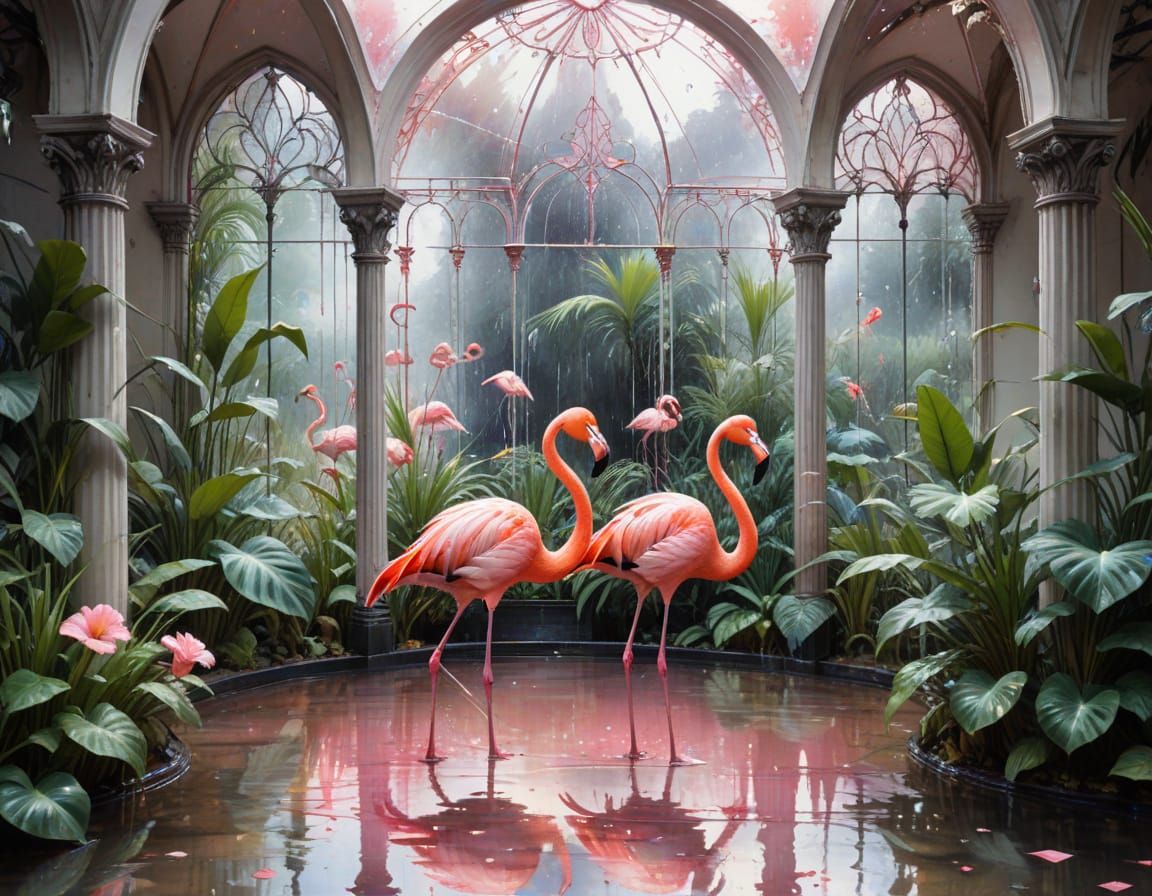 Flamingos in Rain-Polished Art Nouveau Conservatory
