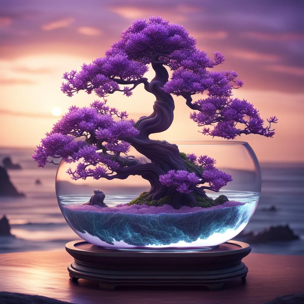 Purple Bonsai Tree with Ocean View: Fantasy Art