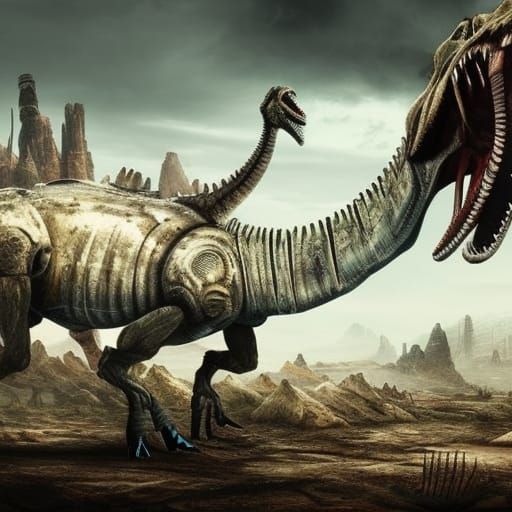 Mechanical Dinosaurs in Post-Apocalyptic Landscape