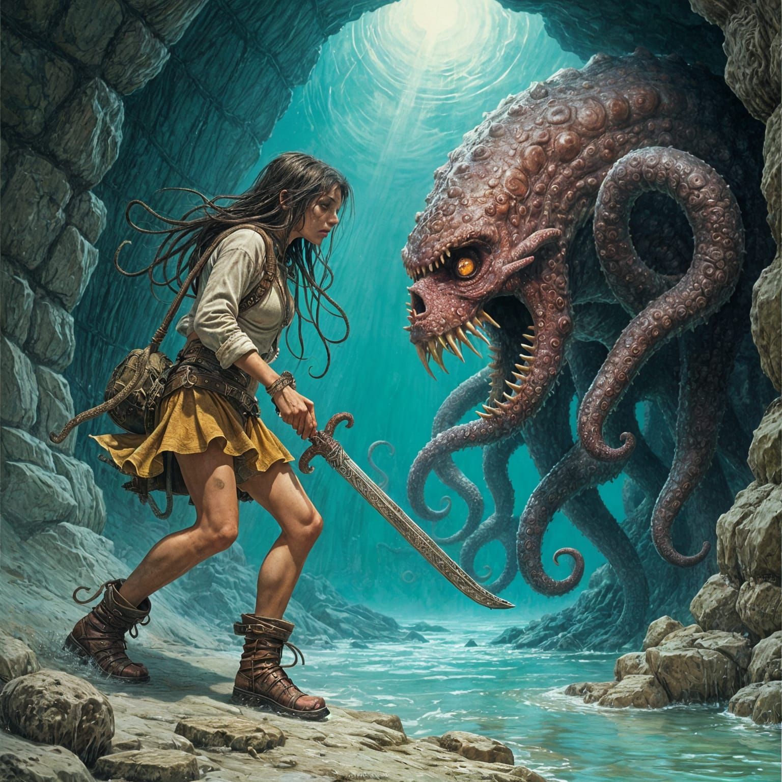 Adventuress vs Tentacle Monster in Dark Fantasy Comic Art