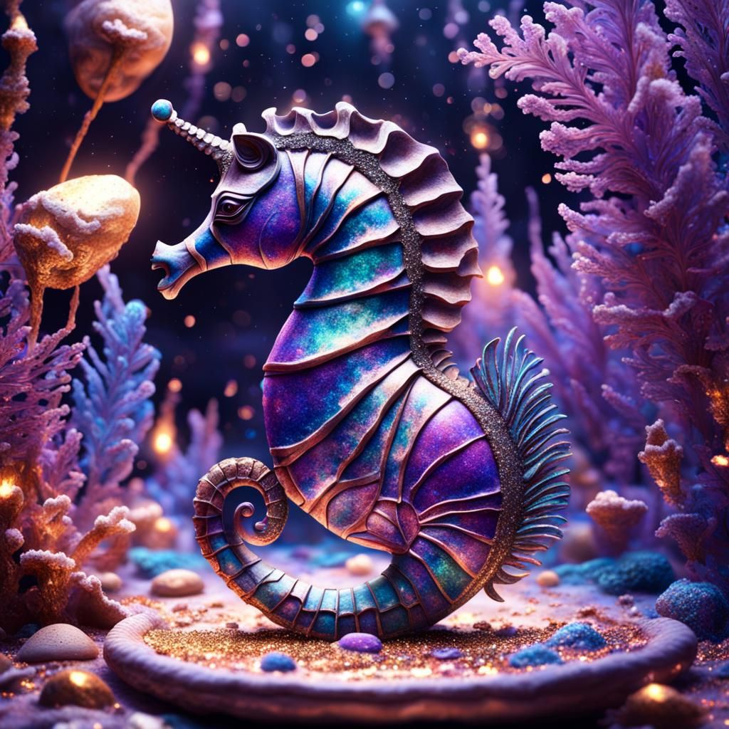 Glittering Seahorse Sculpture with Ultraviolet Petals