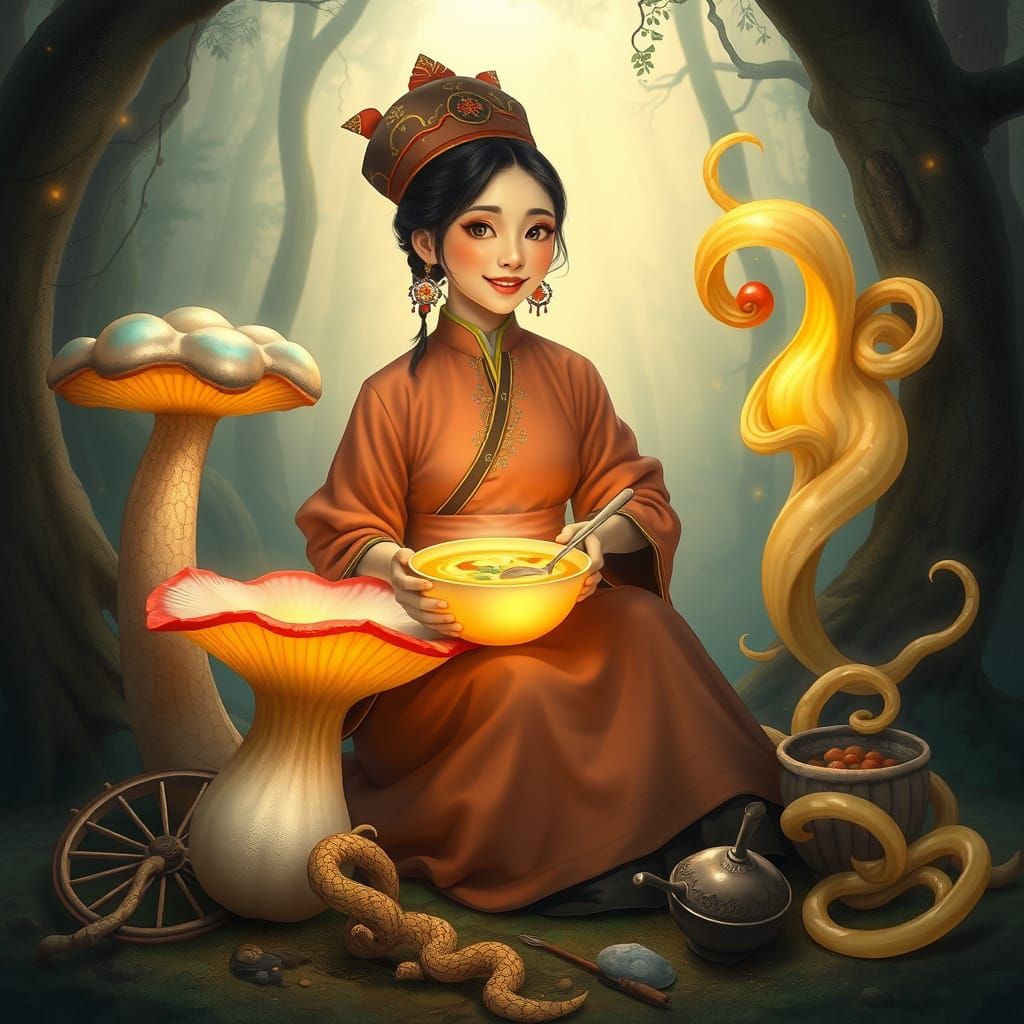Elegant Chef in Whimsical Forest of Mutated Foods