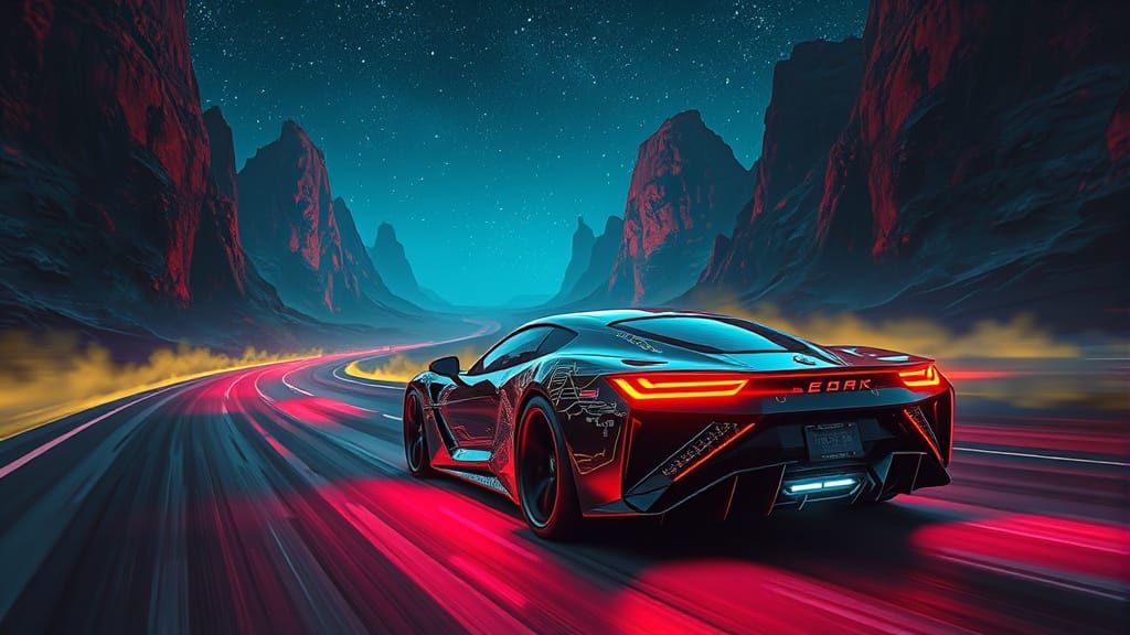 Cyberpunk Car on Alien Highway in Neon Style
