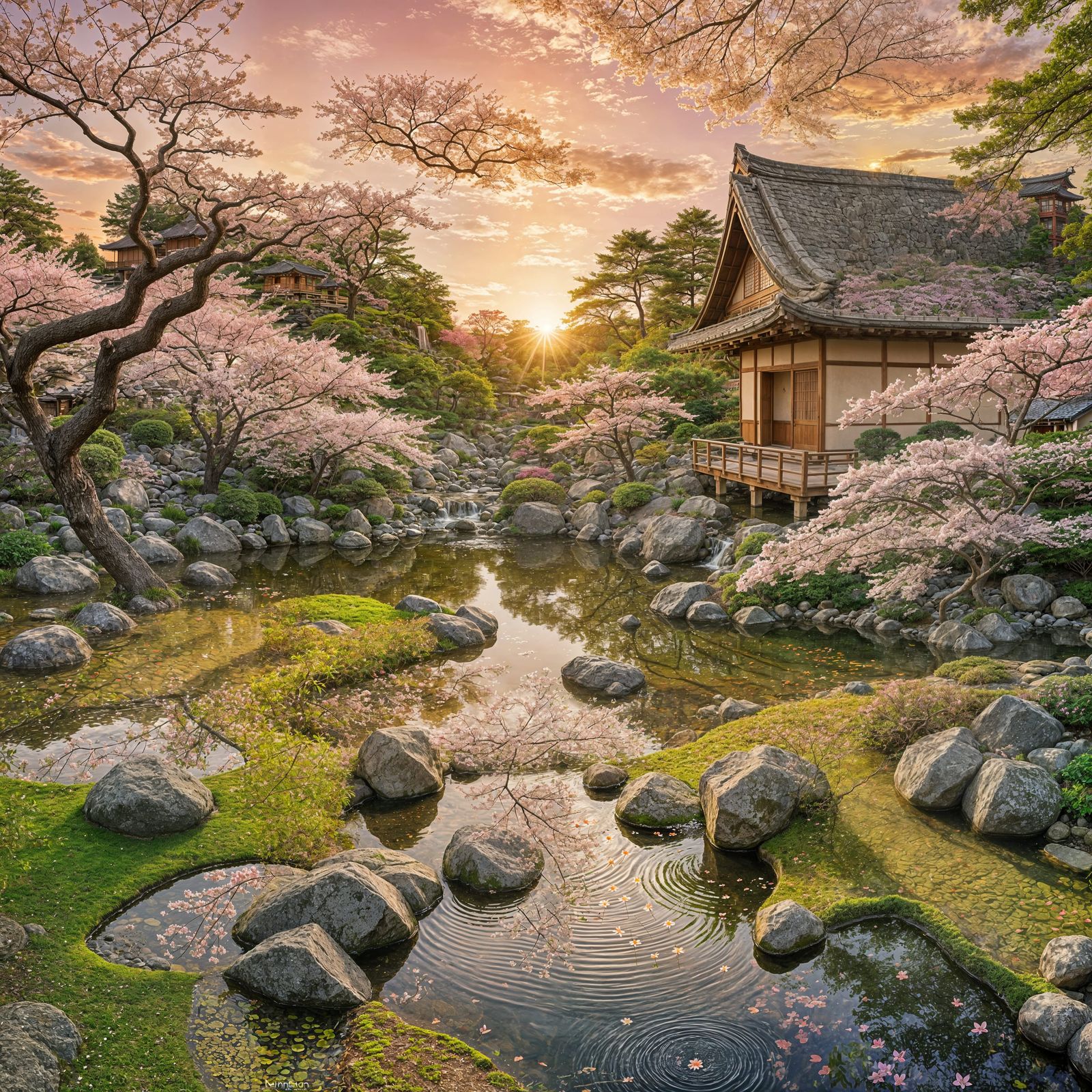 Traditional Japanese Garden at Golden Hour
