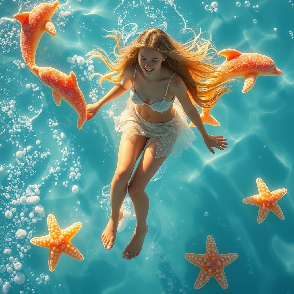 Woman Gliding Over Soda Sea in Dreamlike Digital Art