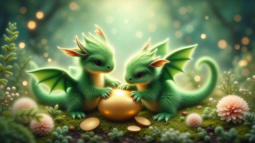 Fluffy Baby Dragons Hatching From Golden Egg