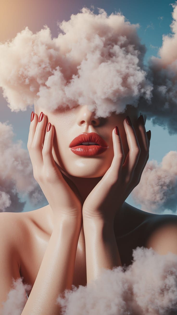 Glossy Red Lips Amidst Ethereal Clouds