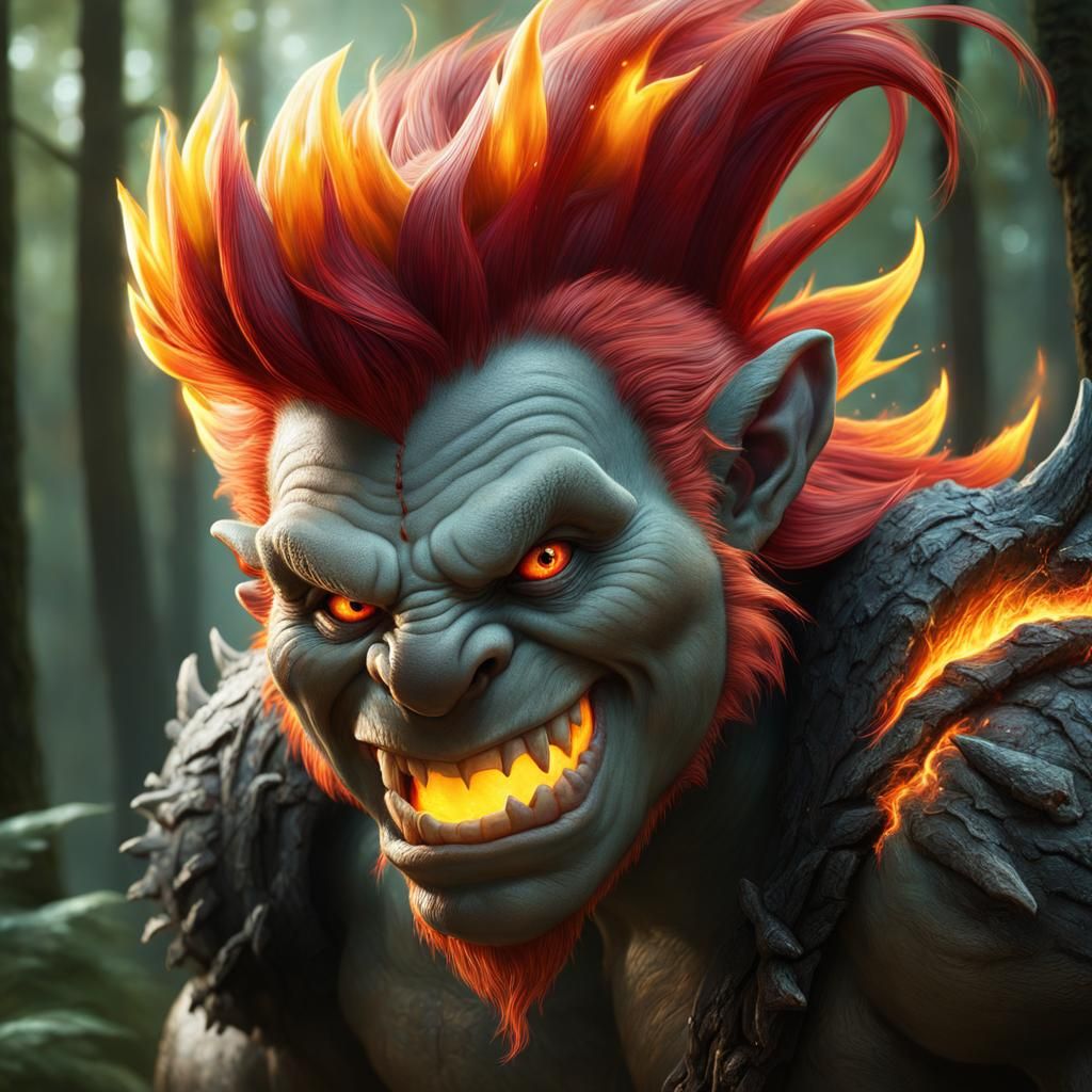 Sinister Troll with Flaming Hair in Hyperrealism