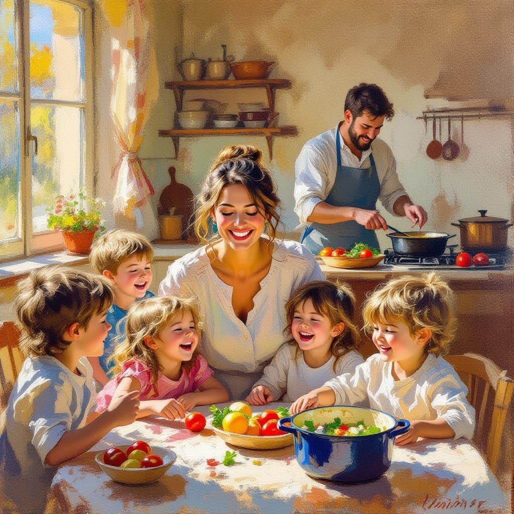 Joyful Mother With Seven Children in Sunlit Living Room