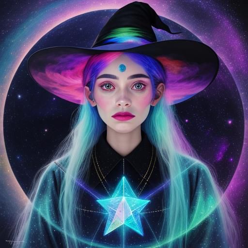Modern Witch in Holographic Cosmic Illustration