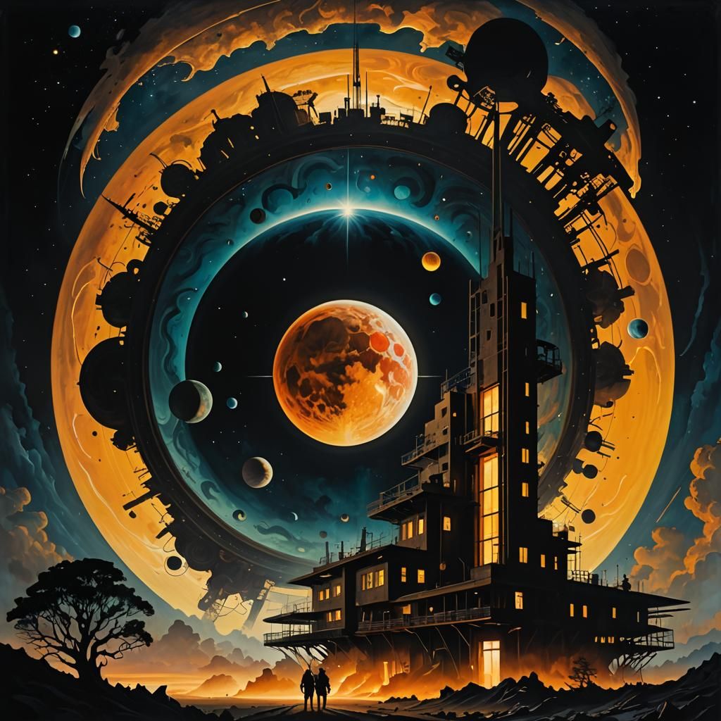 Dystopian Silhouette in Bauhaus Oil Painting Style