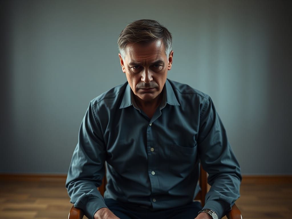 Turbulent Middle-Aged Man in Darkened Room