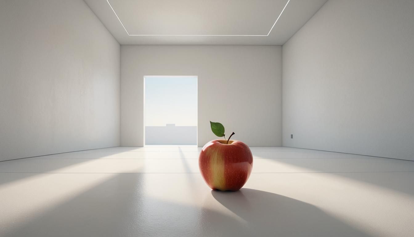 Minimalist Apple in Empty White Room: Digital Art