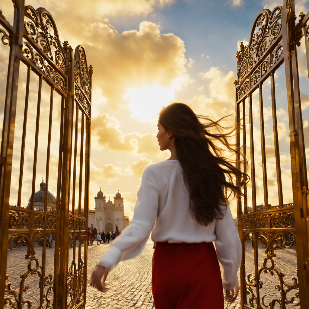 Woman Approaches Heavenly Golden Gates in Soft Focus Divine...