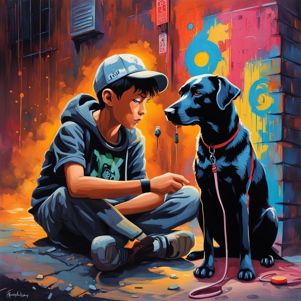 Boy and Dog at Midnight in Graffiti Art Style