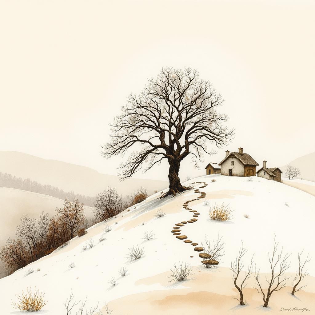Hilltop Tree in Beige and Brown Gouache Style