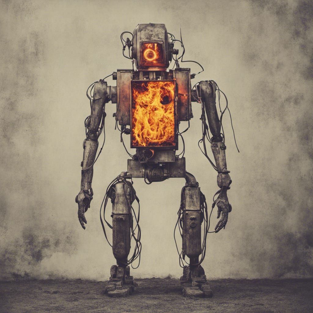 Retrofuturistic Robot with Flamethrower in Precisionist Styl...