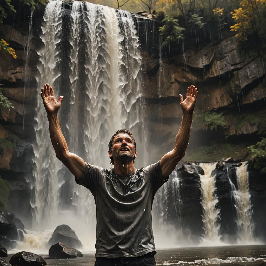 Man Under Waterfall in HDR Photography Style