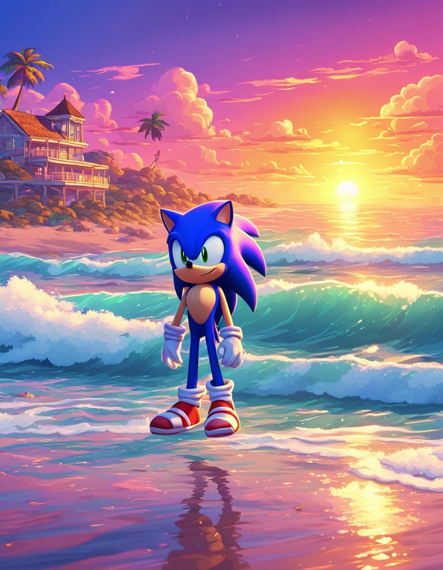 Sonic and Rose at Sunrise Beach: Cartoon Digital Art