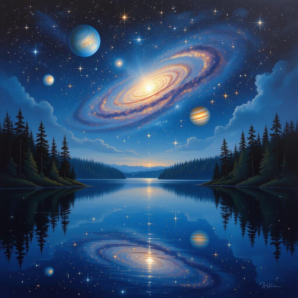 Cosmic Solar System Lake Reflection Oil Painting