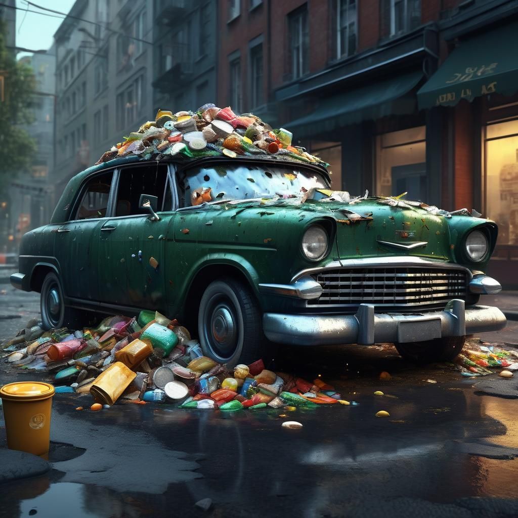 Surrealist Trash Can Car with Overflowing Food