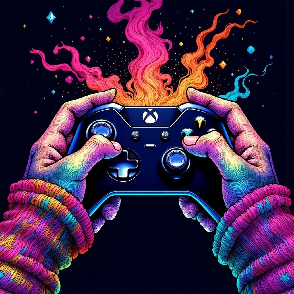 Psychedelic Hands Hold Xbox Controller and Joint