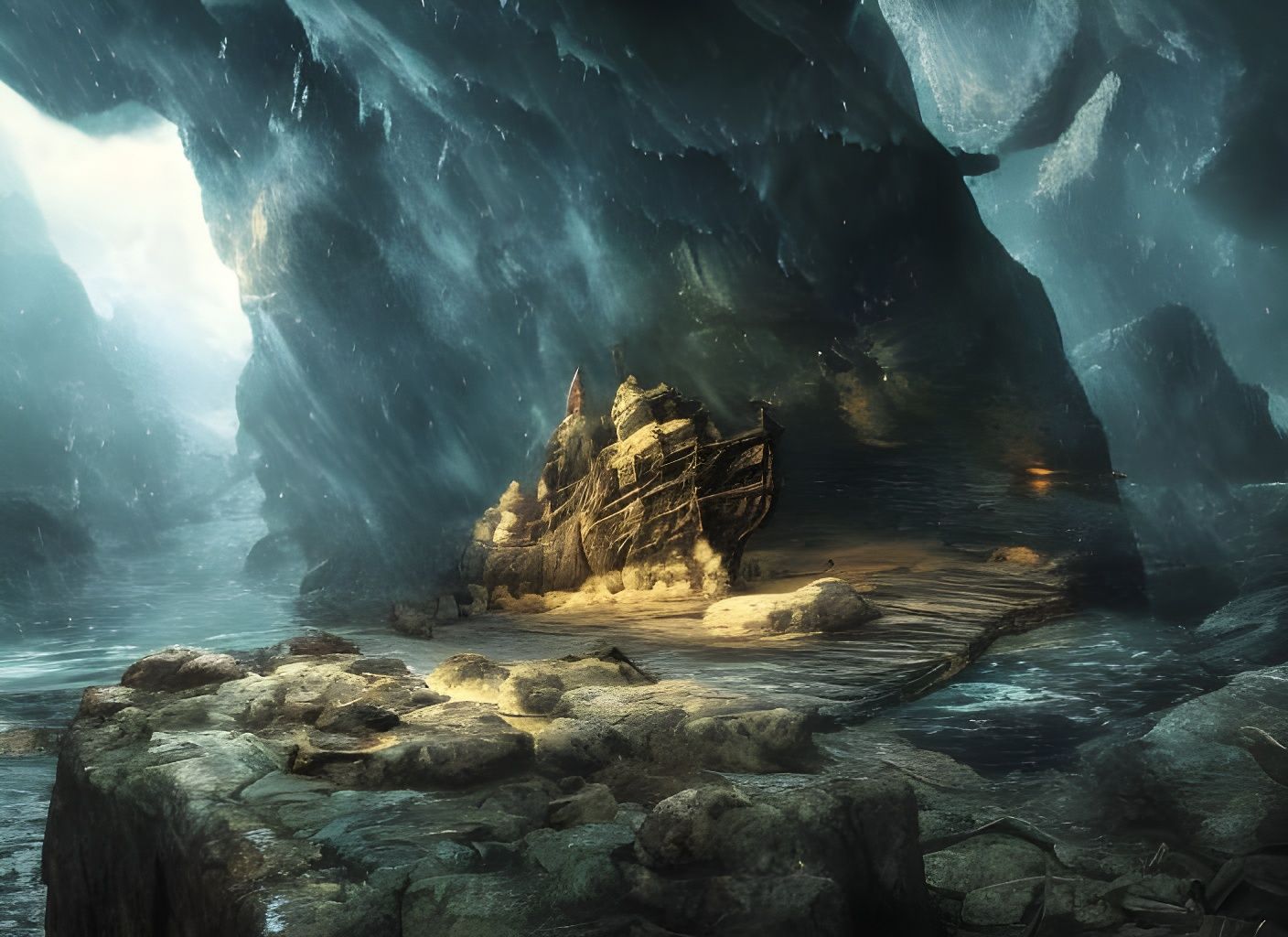 Ominous Ancient Pirate Cave in Photorealistic Style